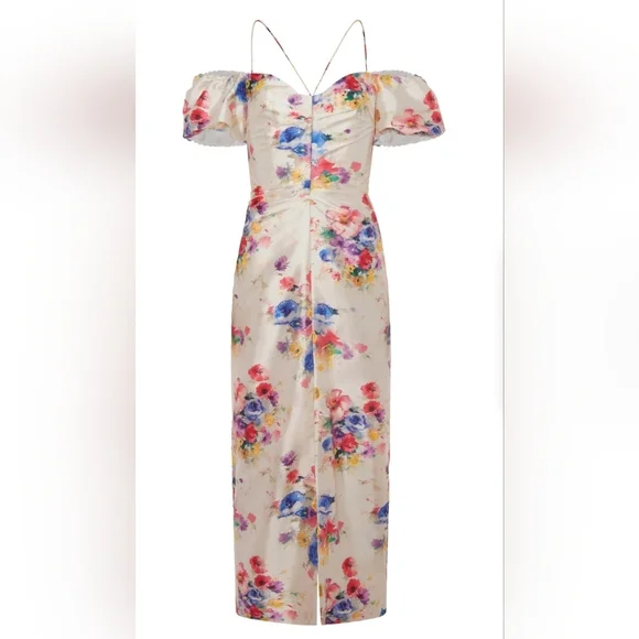 Markarian Palma Multicolor Beaded Floral Off-The-Shoulder Ruched Dress NWT